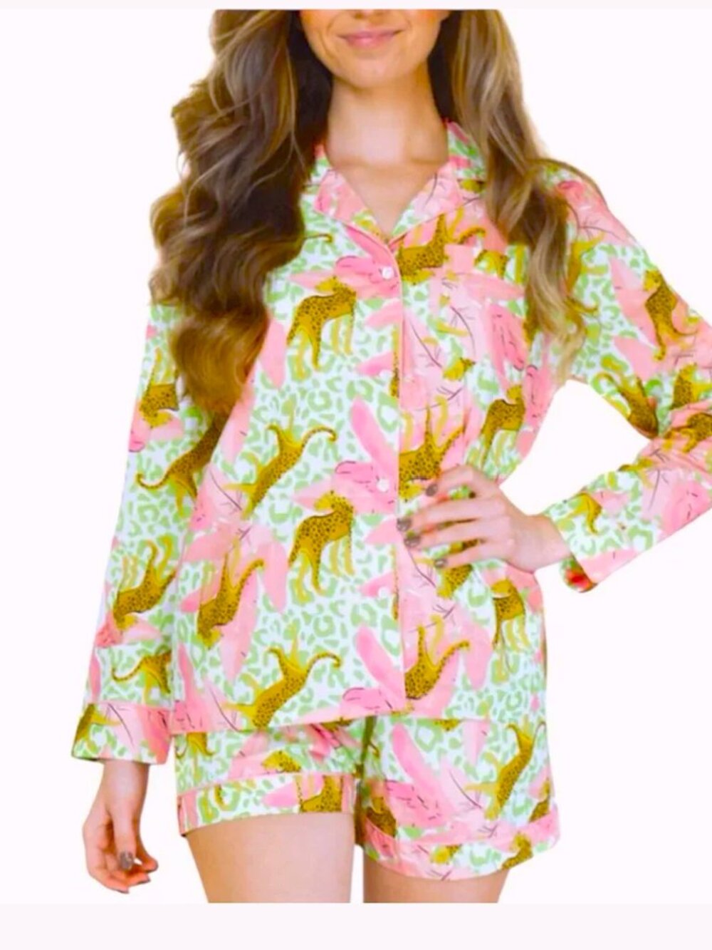 8 Oak Lane XS/S  PJ Set with Shorts & Long Sleeve Top 100% Woven Cotton